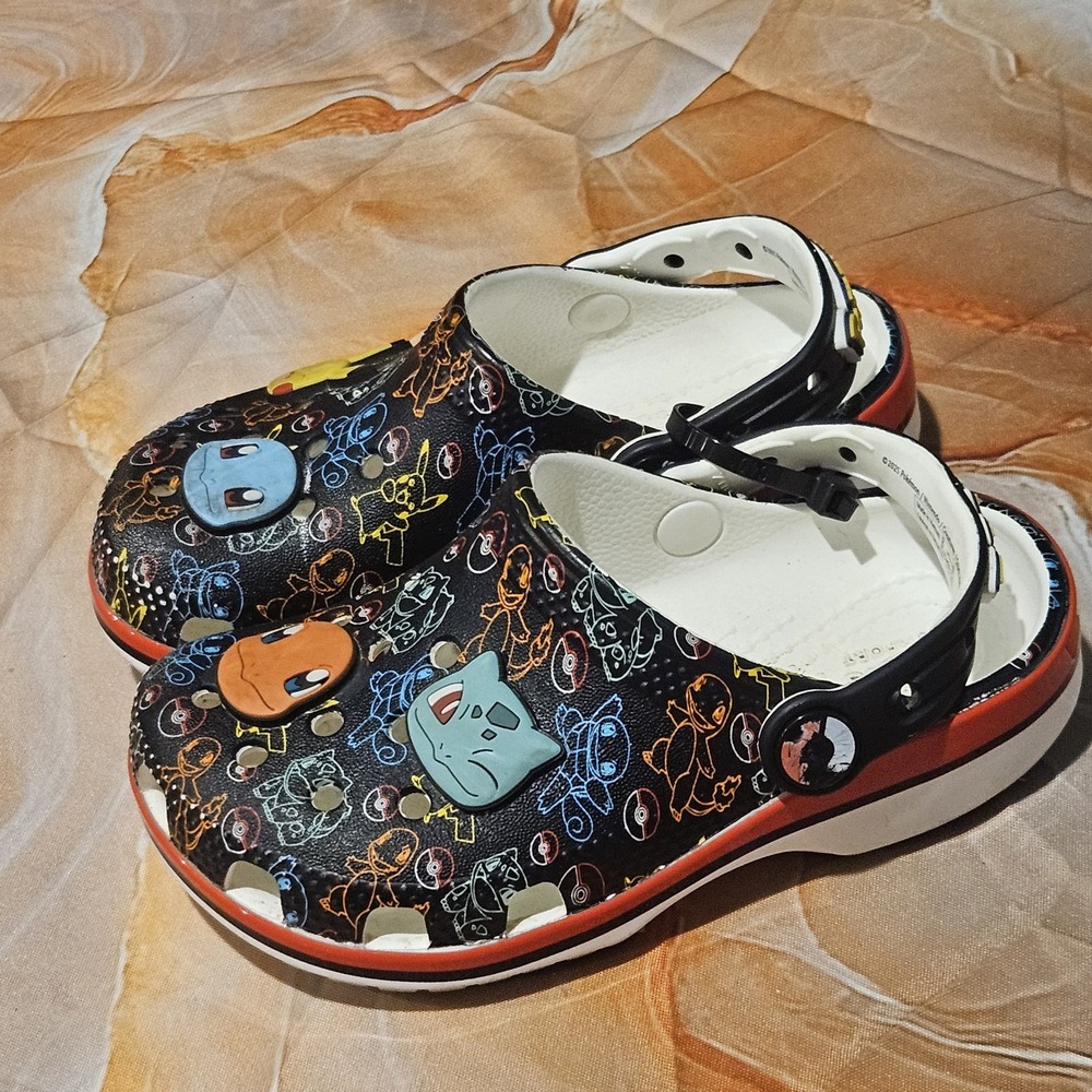 Pokemon Crocs Kids Toddler Size C9 Black Pikachu Charmander Squirtle Bulbasaur